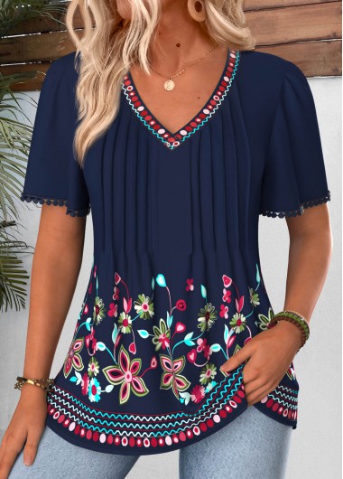 women clothes image of Navy Floral Print Curved Hem Short Sleeve T Shirt