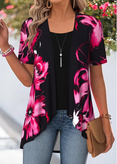 women clothes image of Black Floral Print Short Sleeve Fake Two Piece Twinset