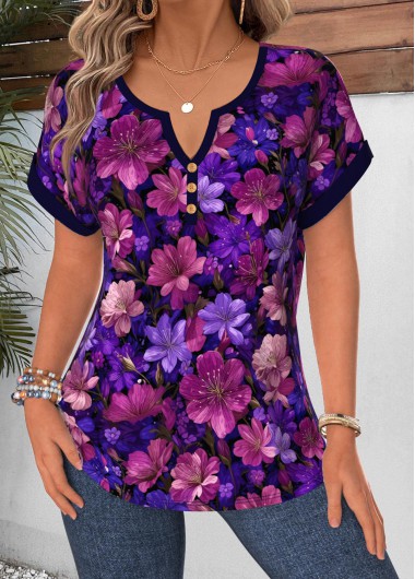 women clothes image of Purple Floral Print Short Sleeve Split Neck Blouse
