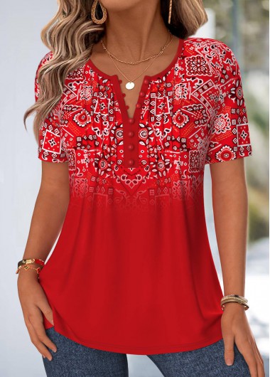 women clothes image of Red Tribal Print Curved Hem Short Sleeve T Shirt
