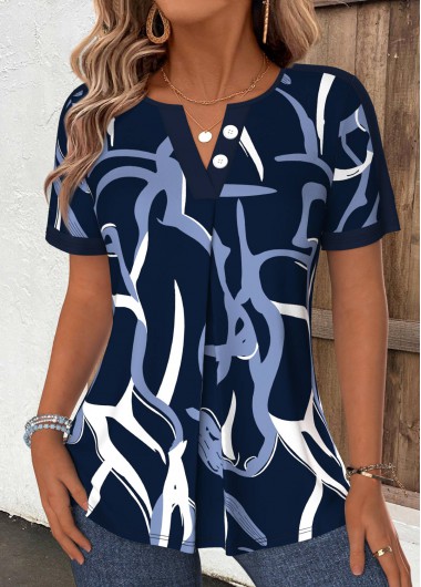women clothes image of Dark Blue Geometric Print Tummy Coverage T Shirt