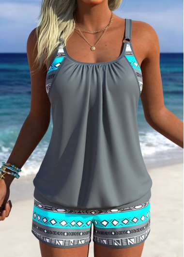 women clothes image of Grey Mid Waisted Blouson Geometric Print Tankini Set
