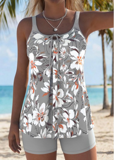 women clothes image of Light Grey Mid Waisted Bowknot Floral Print Tankini Set