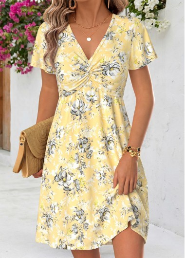 women clothes image of Light Yellow Floral Print Short Twist V Neck Dress