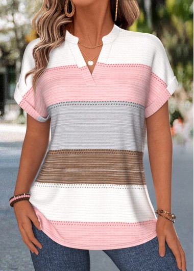 women clothes image of Pink Geometric Print Curved Hem Short Sleeve Blouse