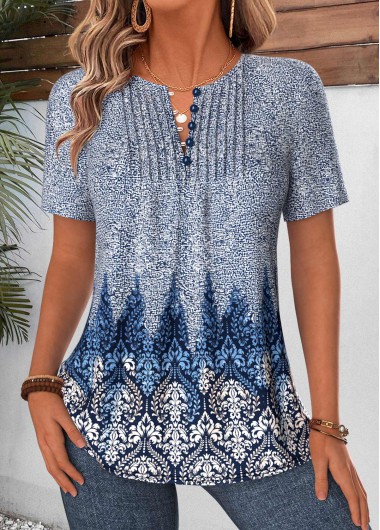 women clothes image of Blue Tribal Print Tuck Stitch Short Sleeve Blouse