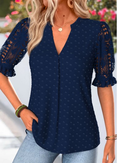 women clothes image of Navy Shirred Half Sleeve Split Neck Blouse