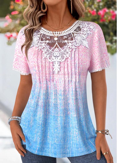 women clothes image of Multi Color Ombre Tuck Stitch Short Sleeve T Shirt