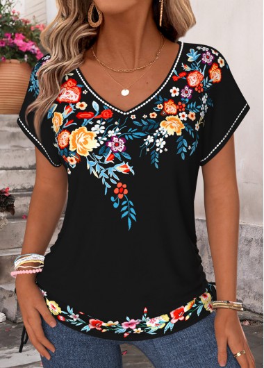 women clothes image of Black Floral Print Bowknot Short Sleeve T Shirt