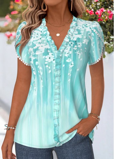 women clothes image of Cyan Floral Print Patchwork Short Sleeve V Neck Blouse