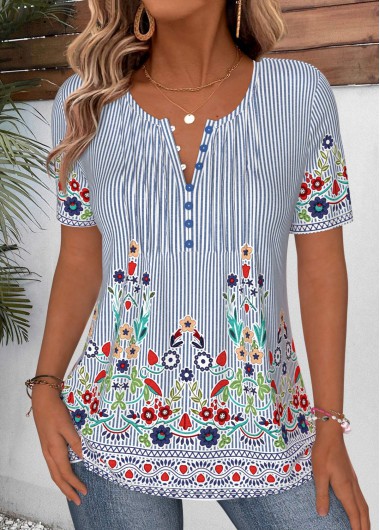 women clothes image of Blue Tribal Print Curved Hem Short Sleeve T Shirt