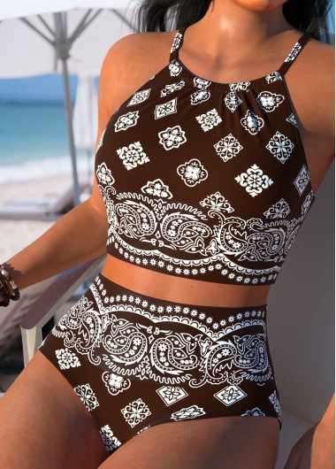 women clothes image of Light Coffee Mid Waisted Tribal Print Bikini Set