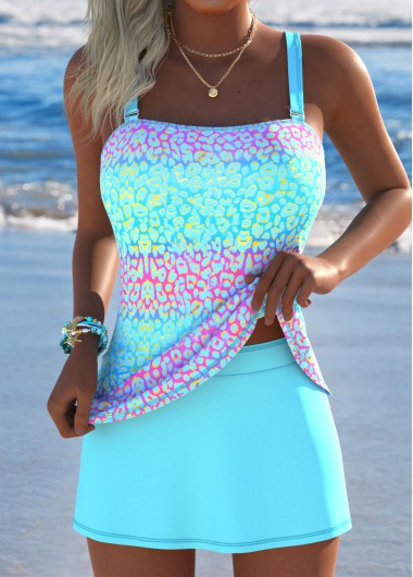 women clothes image of Cyan Mid Waisted Tummy Coverage Leopard Tankini Set