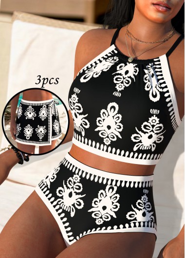 women clothes image of Black Mid Waisted Tribal Print Bikini Set