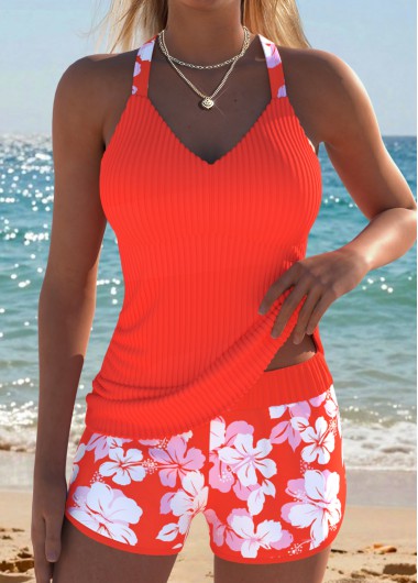 women clothes image of Orange Mid Waisted Two-piece Floral Print Tankini Set