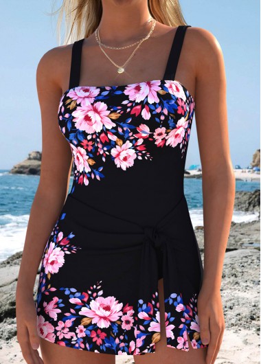 women clothes image of Black Layered Floral Print One Piece Swimdress