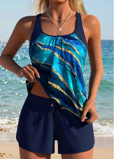 women clothes image of Navy Mid Waisted Tummy Coverage Marble Print Tankini Set