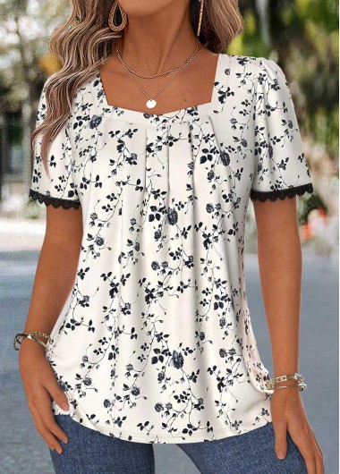 women clothes image of Beige Floral Print Tummy Coverage Short Sleeve Blouse