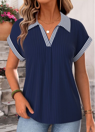women clothes image of Navy Striped Tummy Coverage Short Sleeve Blouse