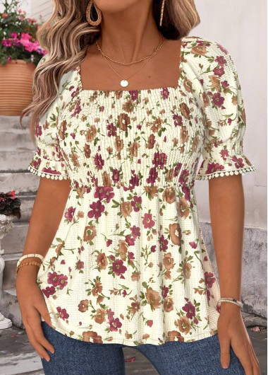 women clothes image of Light Yellow Floral Print Smocked Short Sleeve Blouse
