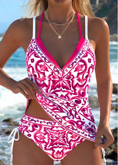 women clothes image of Hot Pink Mid Waisted Patchwork Tankini Set