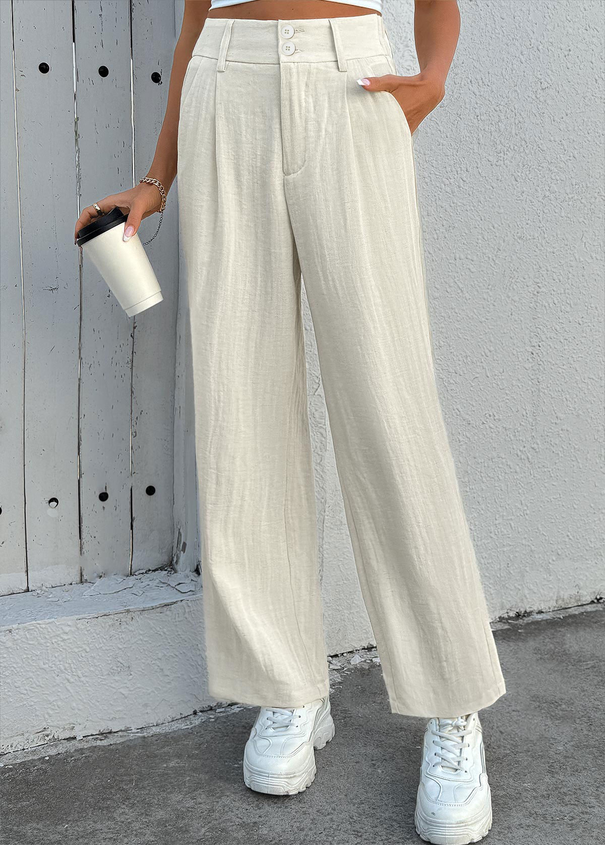 Beige Soft Straight Leg Button Fly High Waisted Pants | picture 