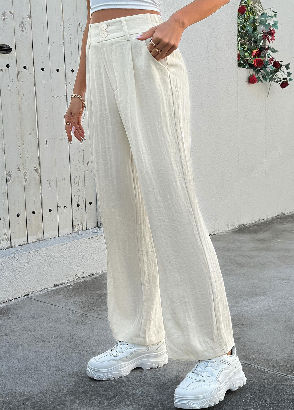 Beige Soft Straight Leg Button Fly High Waisted Pants | picture 