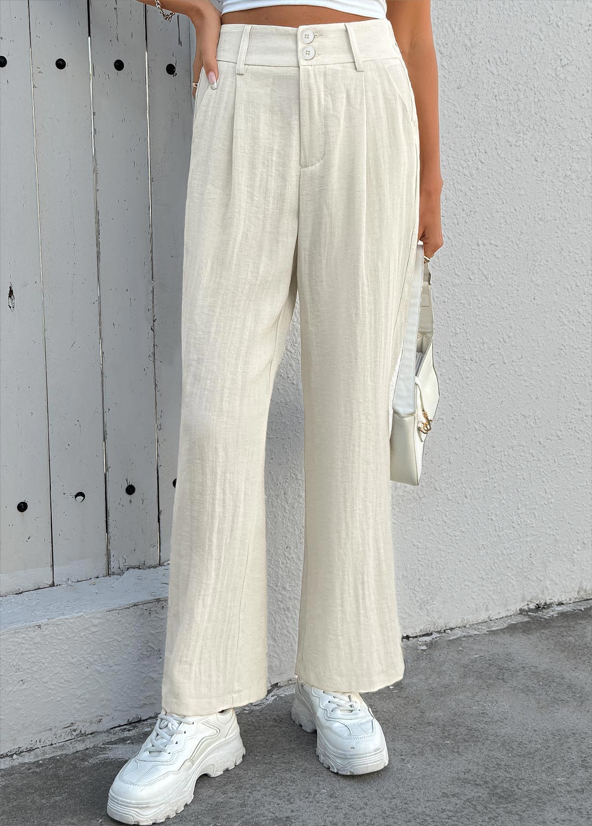 Beige Soft Straight Leg Button Fly High Waisted Pants | picture 