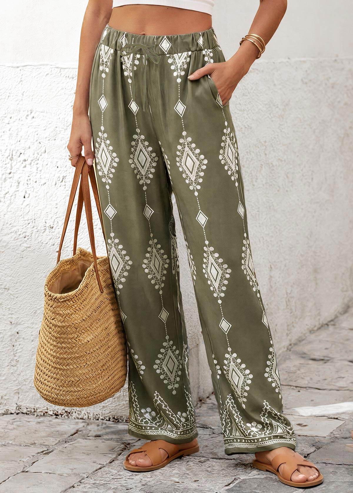 Olive Green Tribal Print Straight Leg Elastic Waist Pants | picture 7