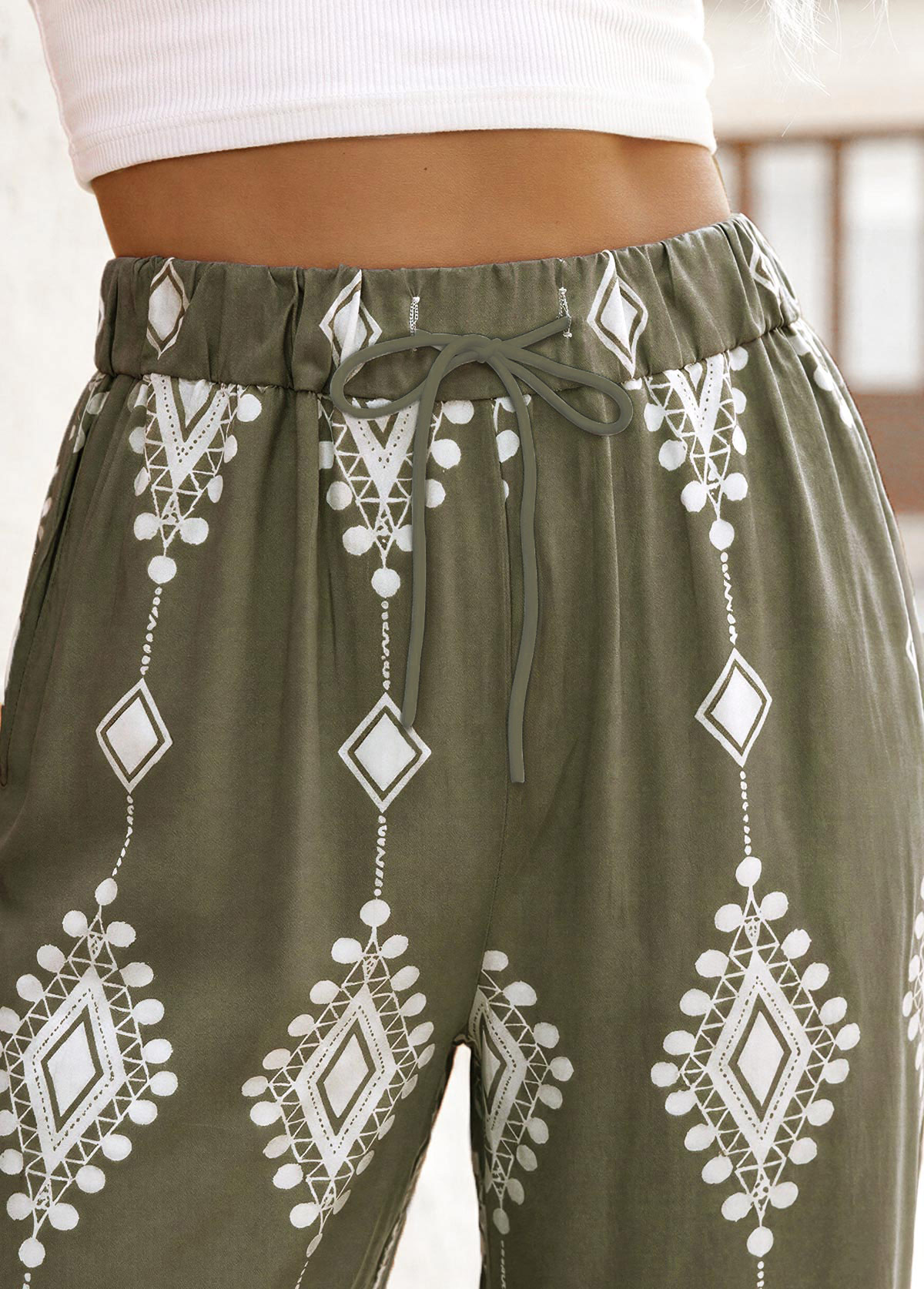 Olive Green Tribal Print Straight Leg Elastic Waist Pants | picture 4
