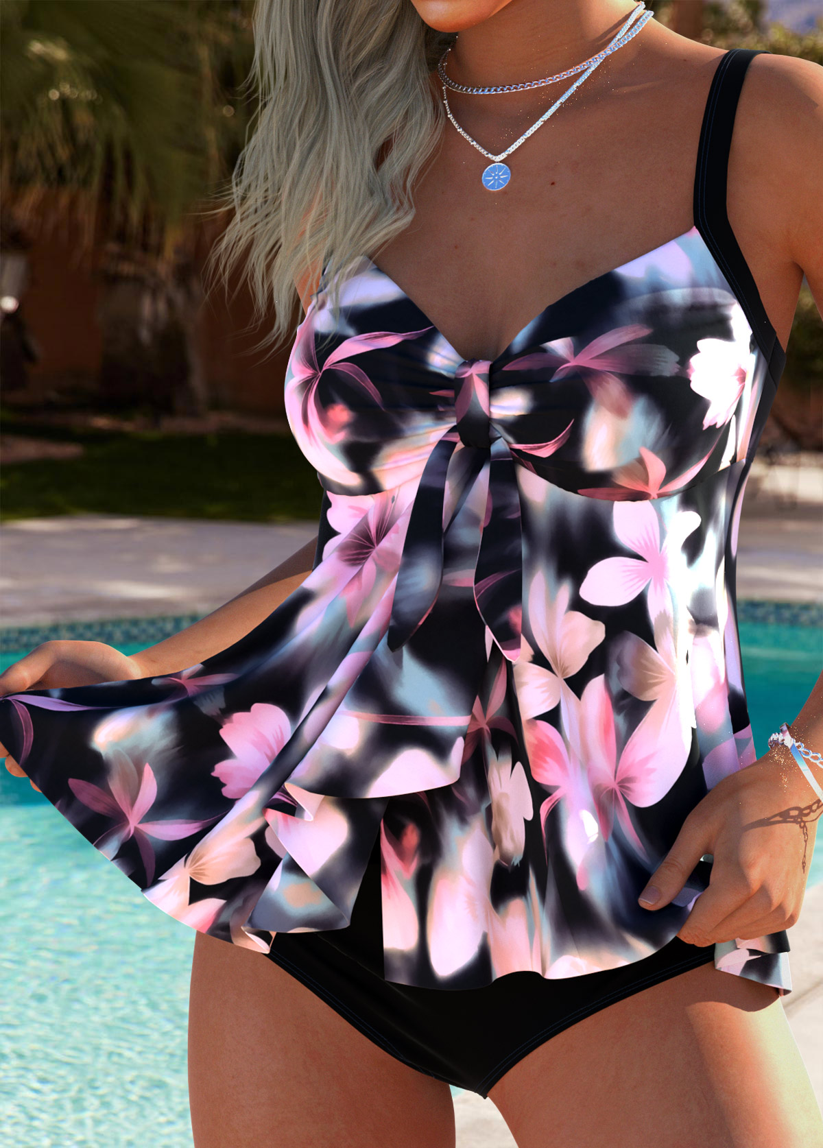 Tummy Coverage Mid Waisted Floral Print Pink Tankini Set | picture 