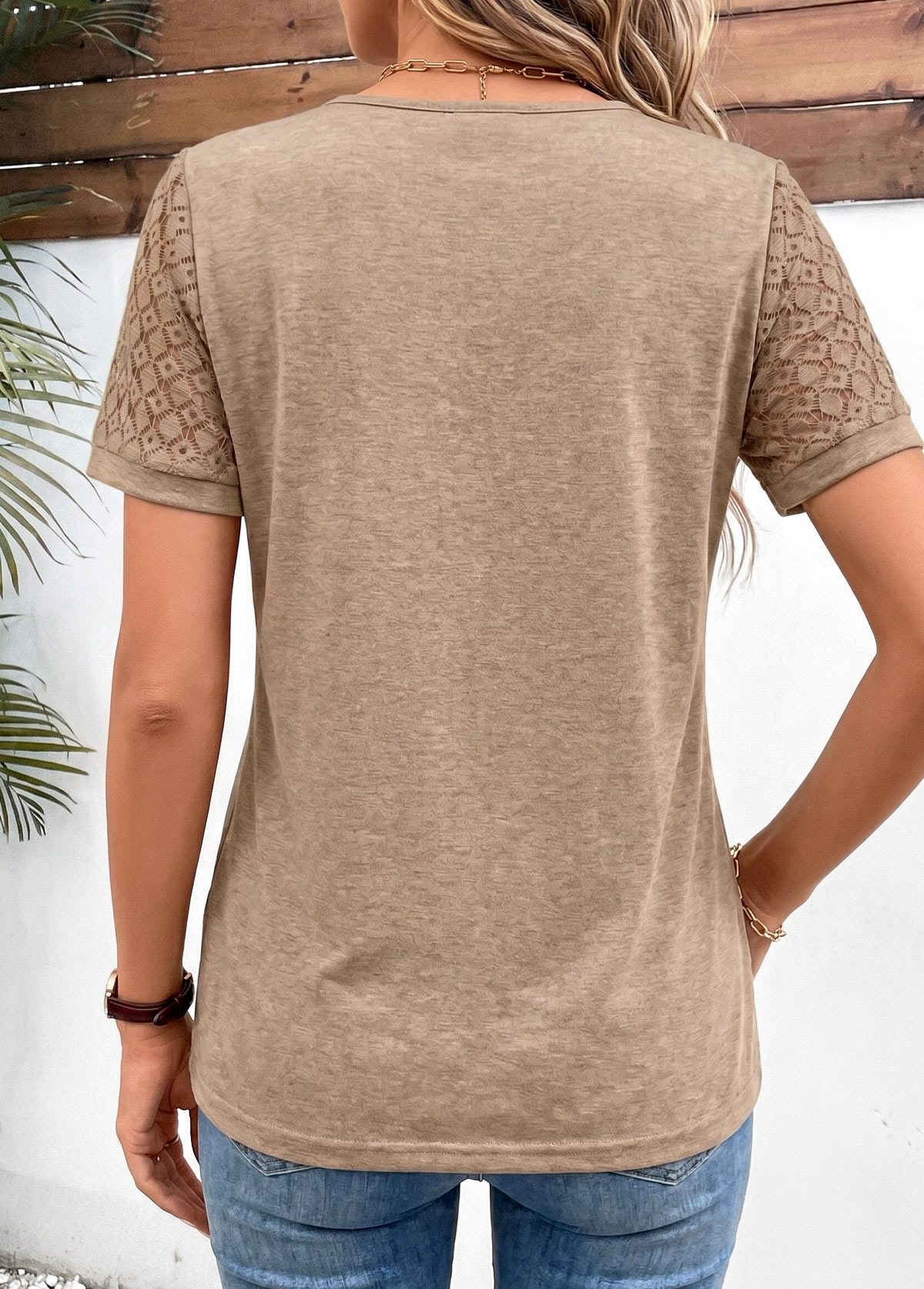 Light Coffee Patchwork Short Sleeve Round Neck T Shirt | picture 