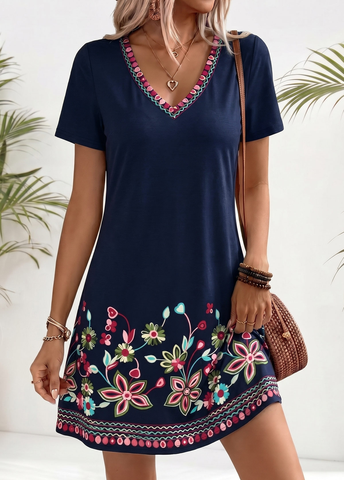 American Flag Navy Floral Print Short Tummy Coverage Dress | picture 
