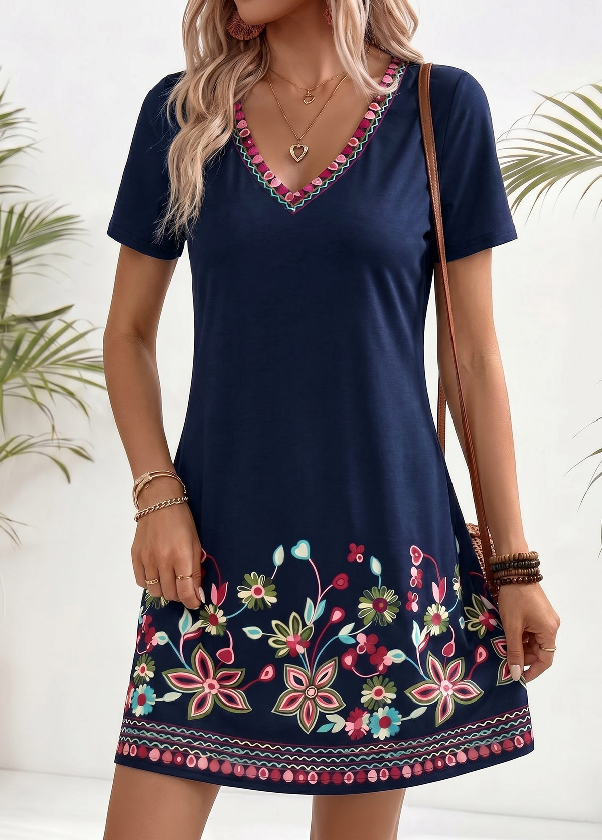 American Flag Navy Floral Print Short Tummy Coverage Dress | picture 