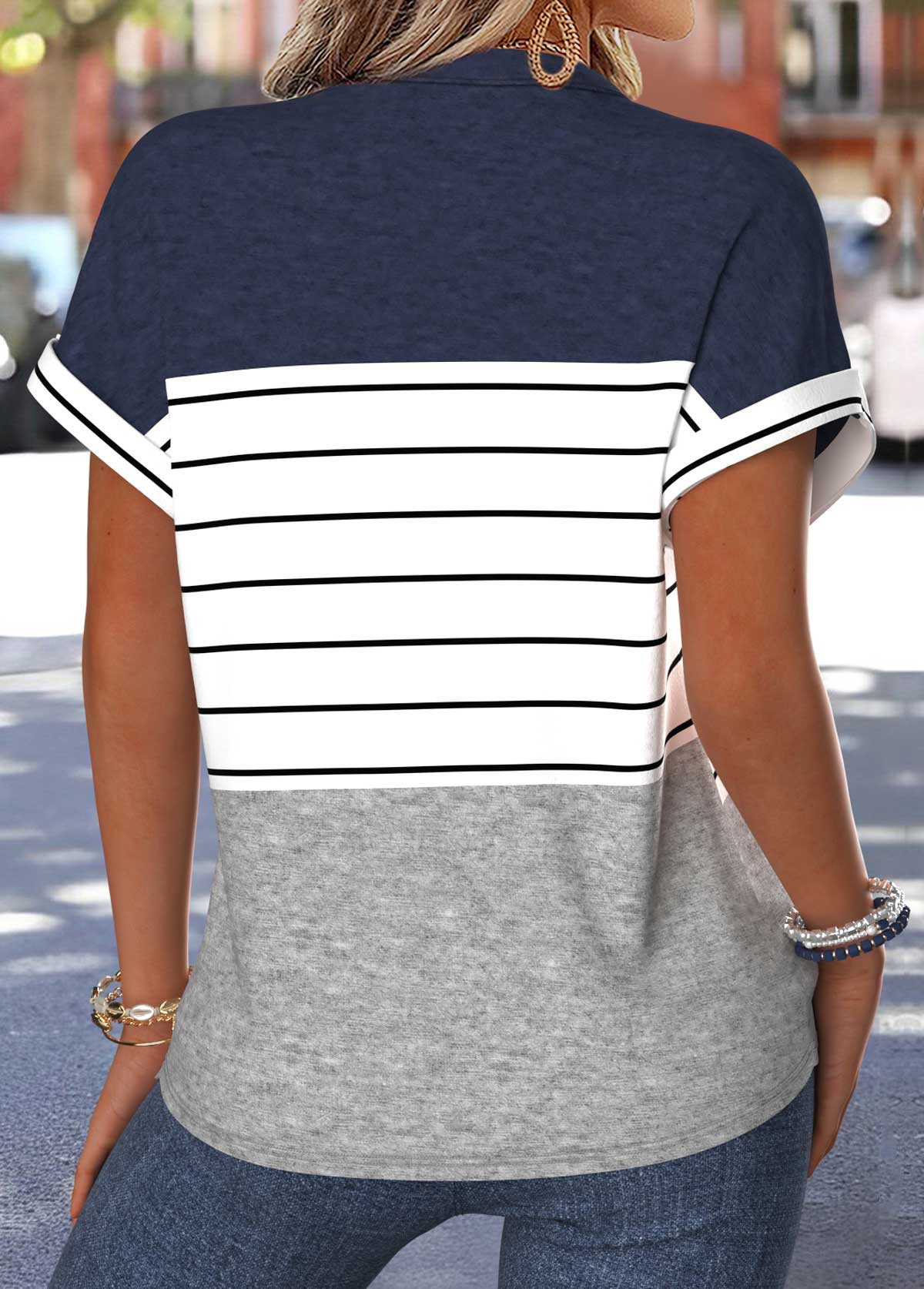 Navy Striped Patchwork Short Sleeve Split Neck Blouse | picture 