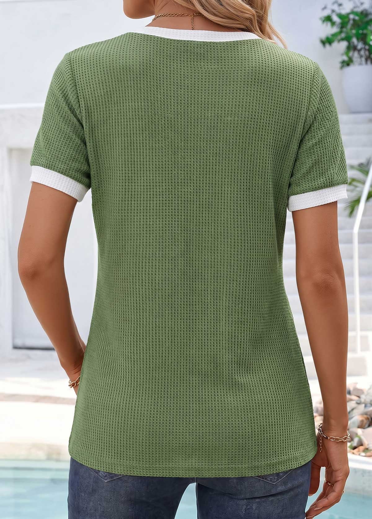 Olive Green Patchwork Short Sleeve Split Neck T Shirt | picture 