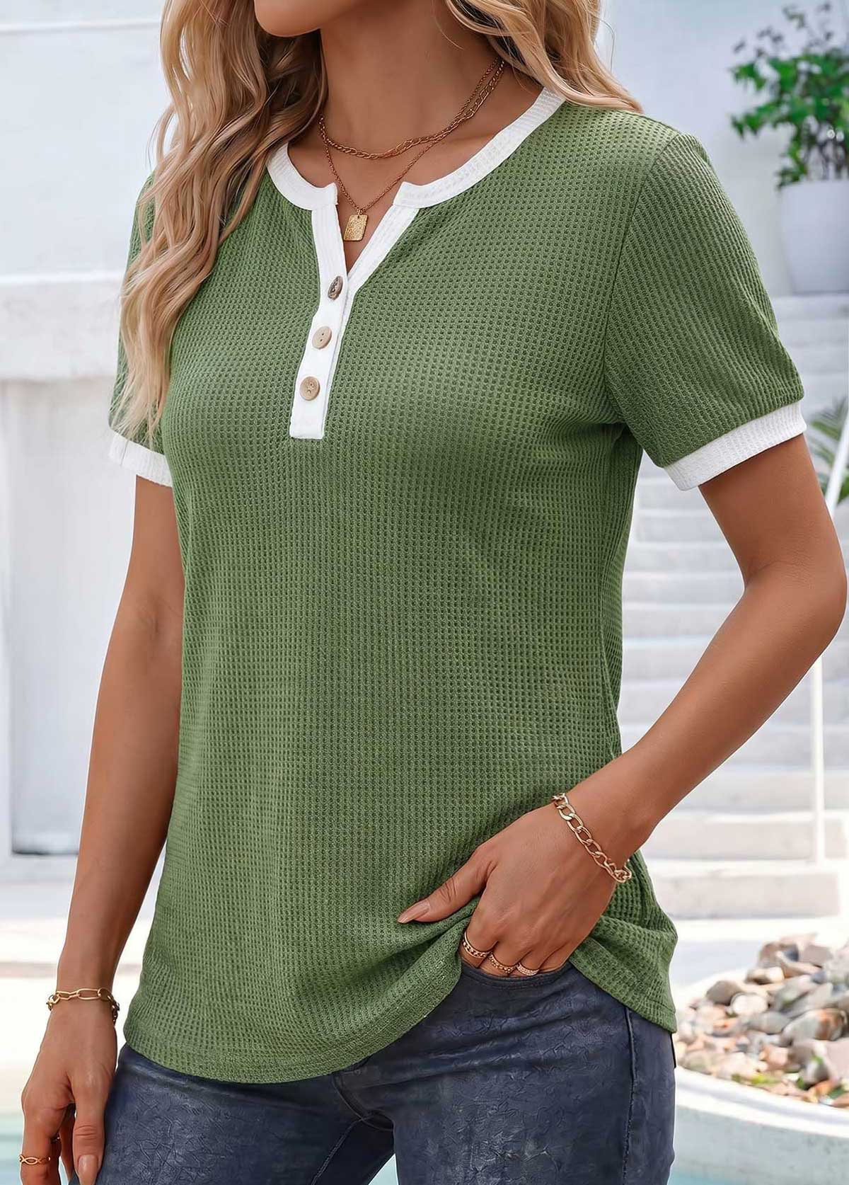 Olive Green Patchwork Short Sleeve Split Neck T Shirt | picture 