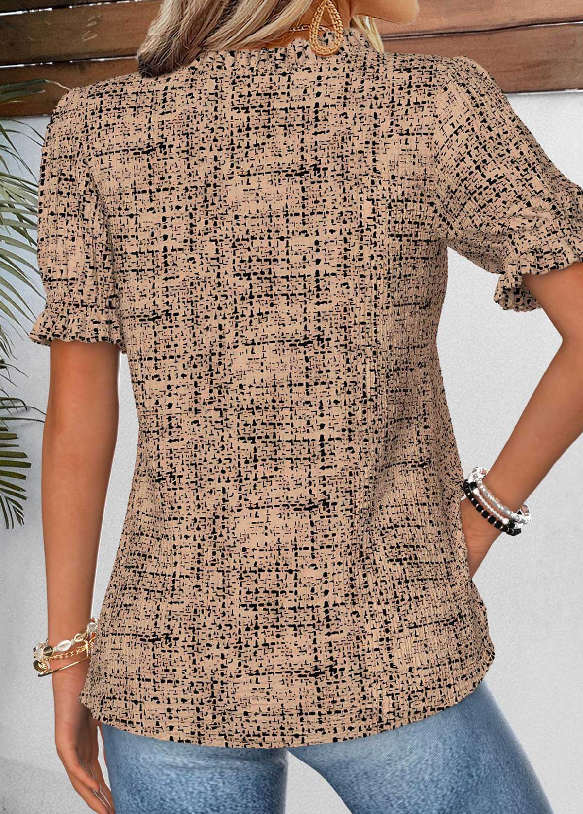Dark Coffee Geometric Print Tummy Coverage Short Sleeve Blouse | picture 
