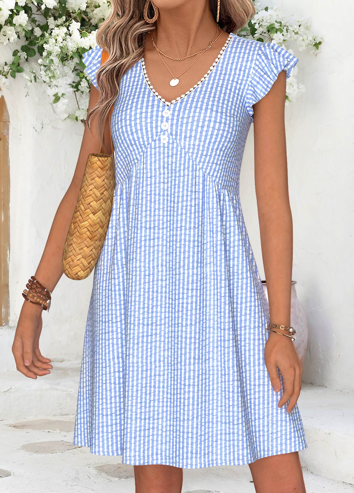 Light Blue Striped Short Shirred V Neck Dress | picture 1