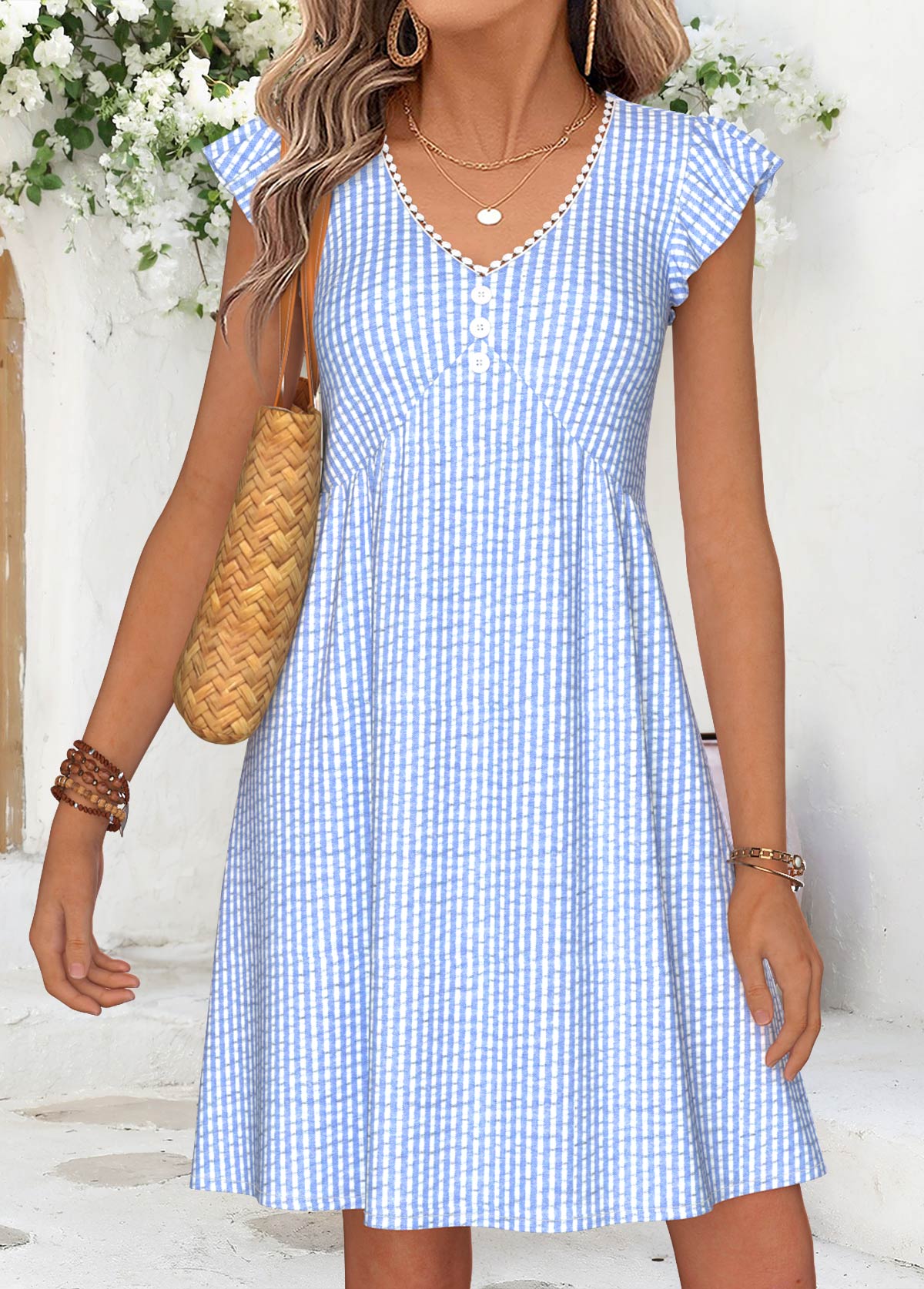 Light Blue Striped Short Shirred V Neck Dress | picture 3