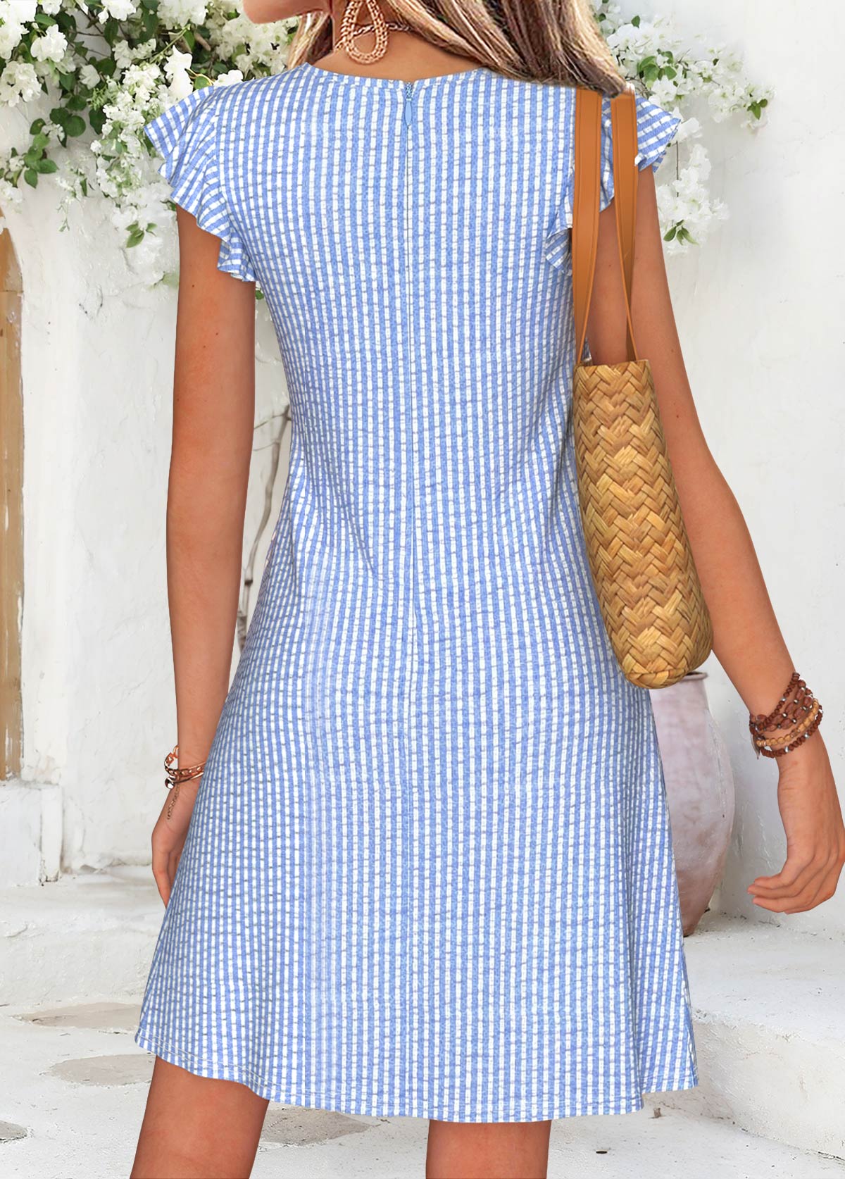 Light Blue Striped Short Shirred V Neck Dress | picture 2