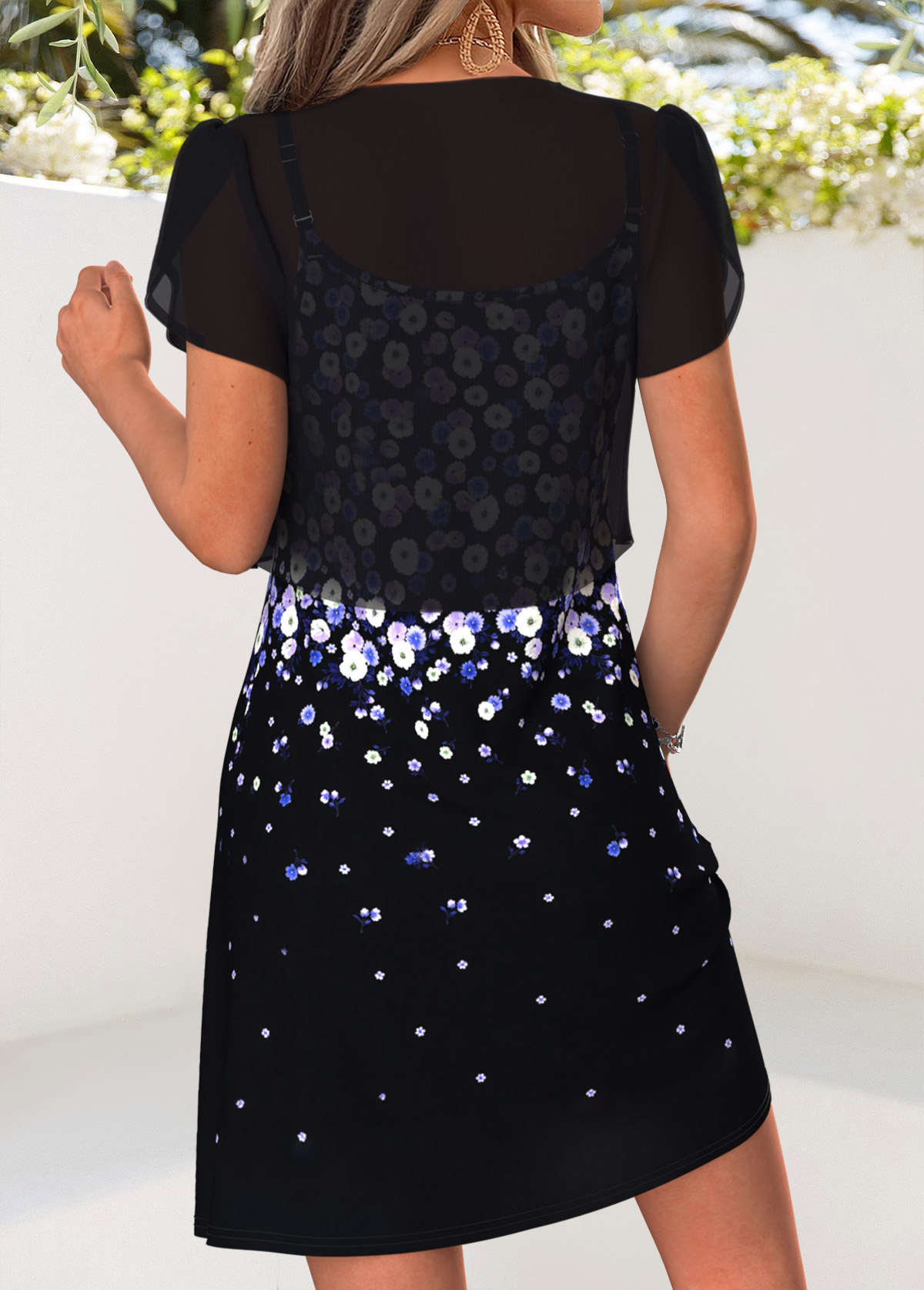 Black Floral Print Short Two-piece Dress and Cardigan | picture 