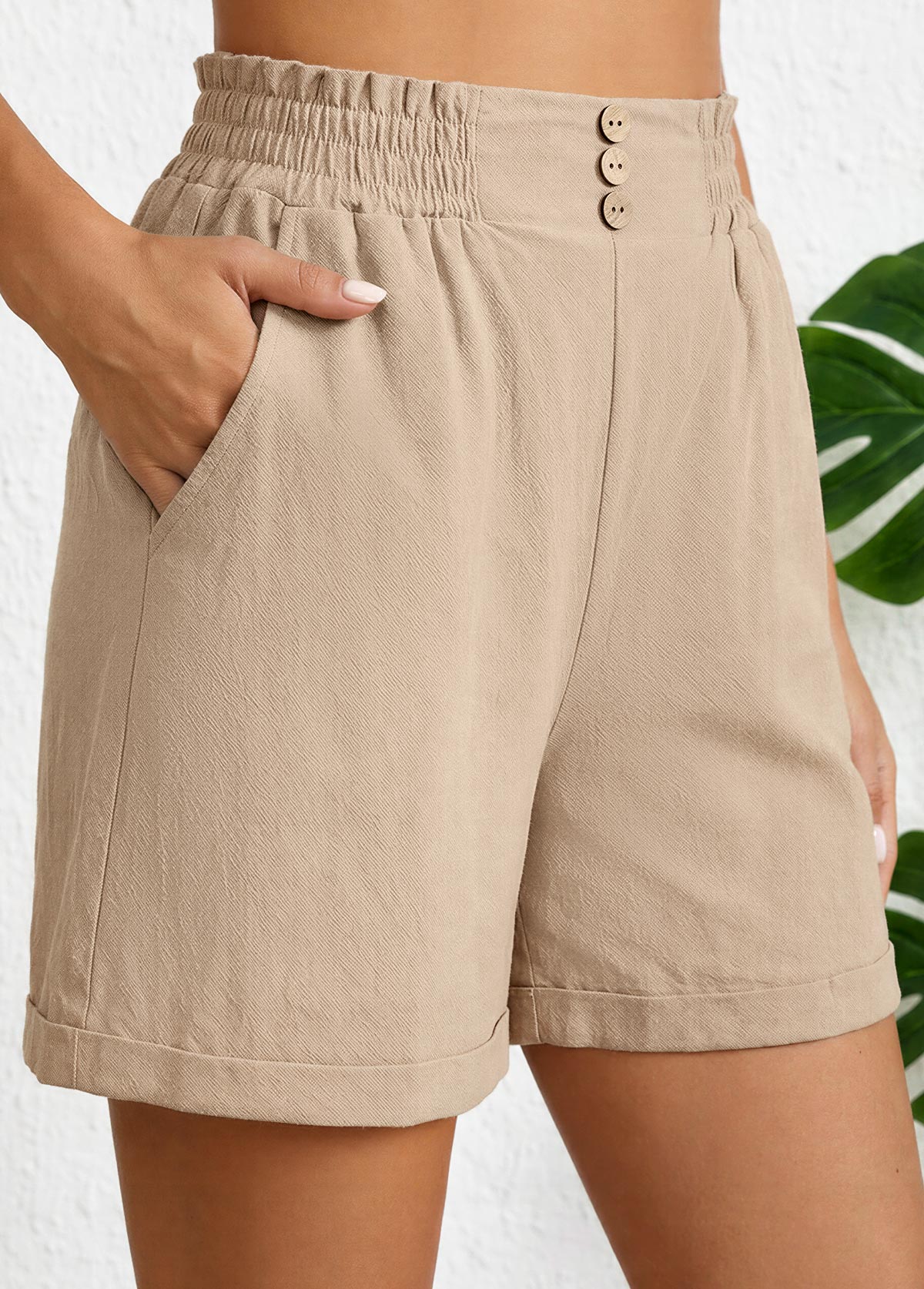 Light Coffee Elastic Waist High Waisted Shorts | picture 