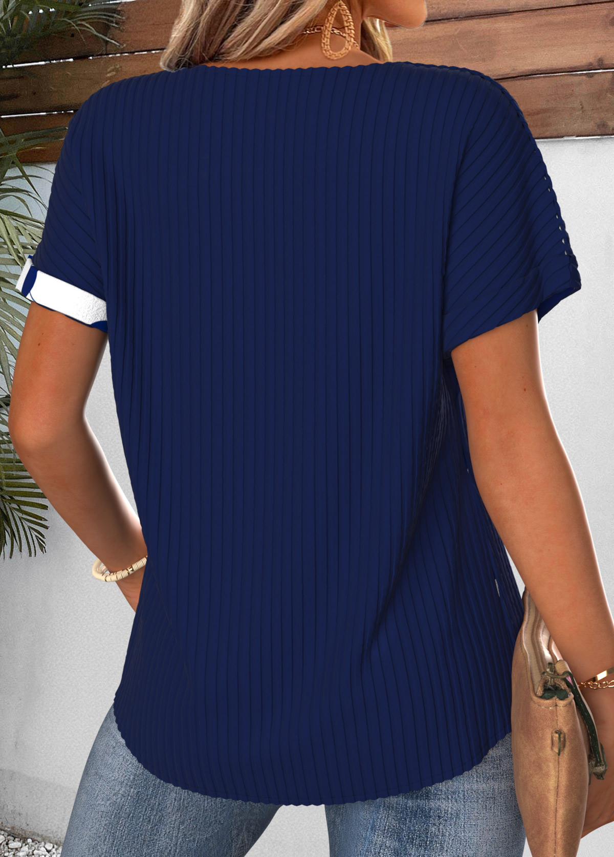 Navy Polka Dot Patchwork Short Sleeve T Shirt | picture 
