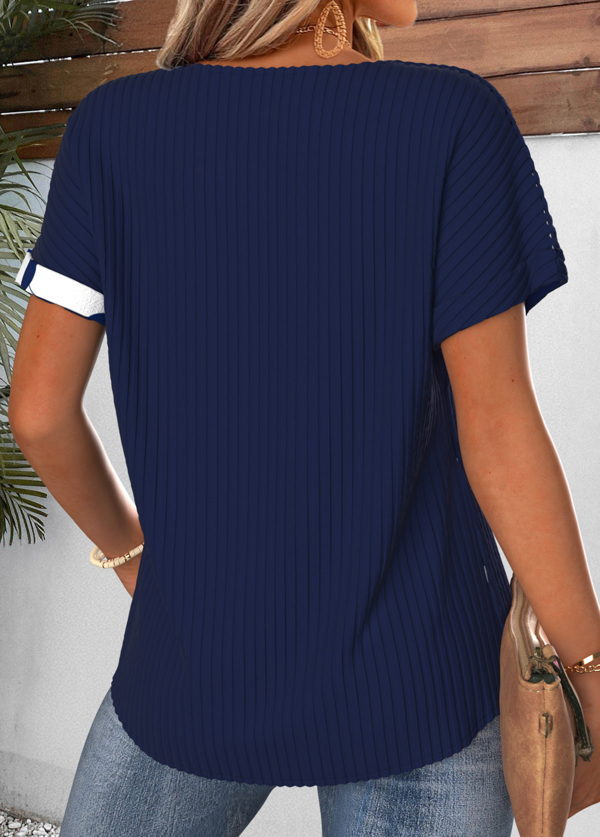 Navy Polka Dot Patchwork Short Sleeve T Shirt | picture 