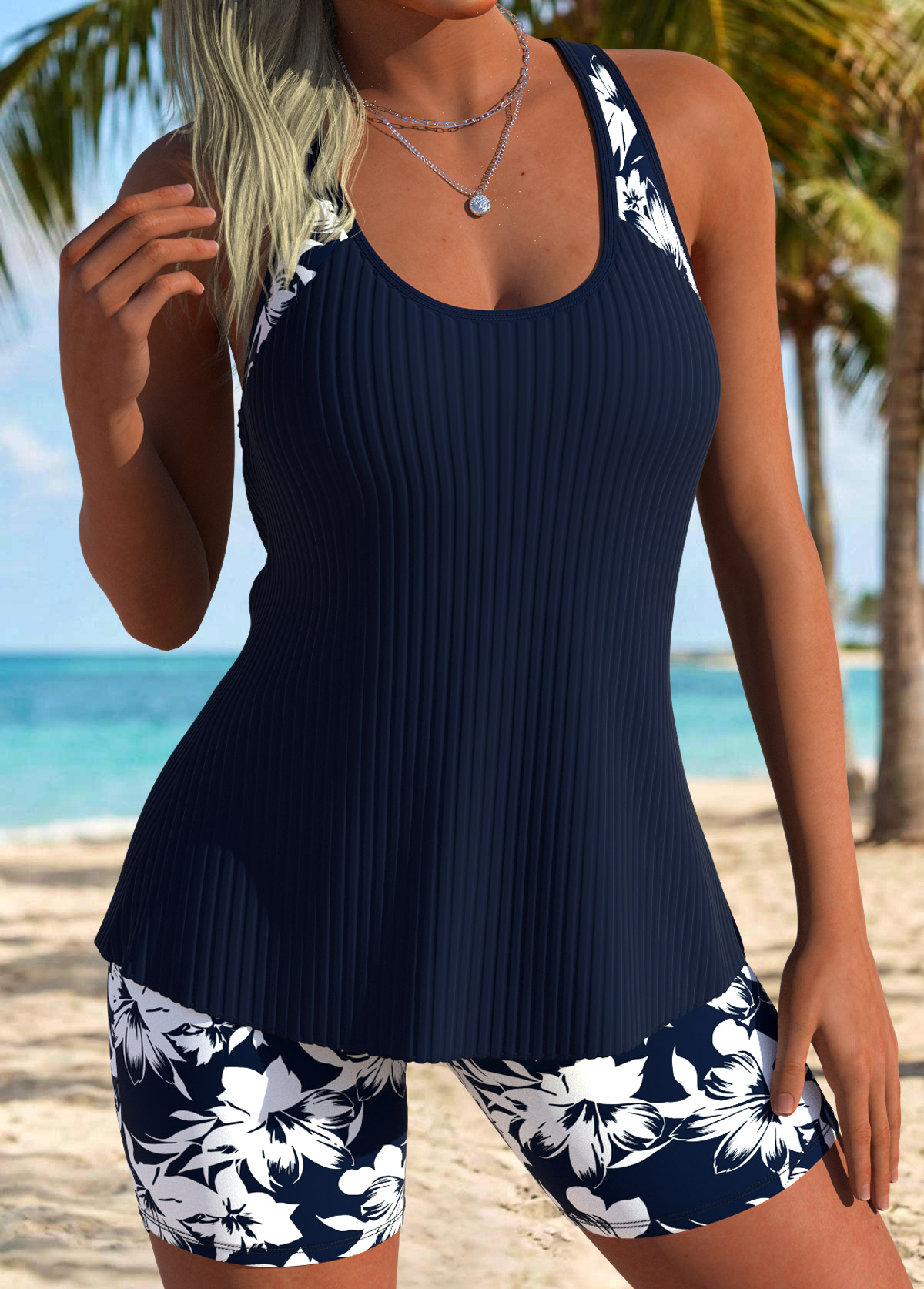 Blue Mid Waisted Tummy Coverage Floral Print Tankini Set | picture 3