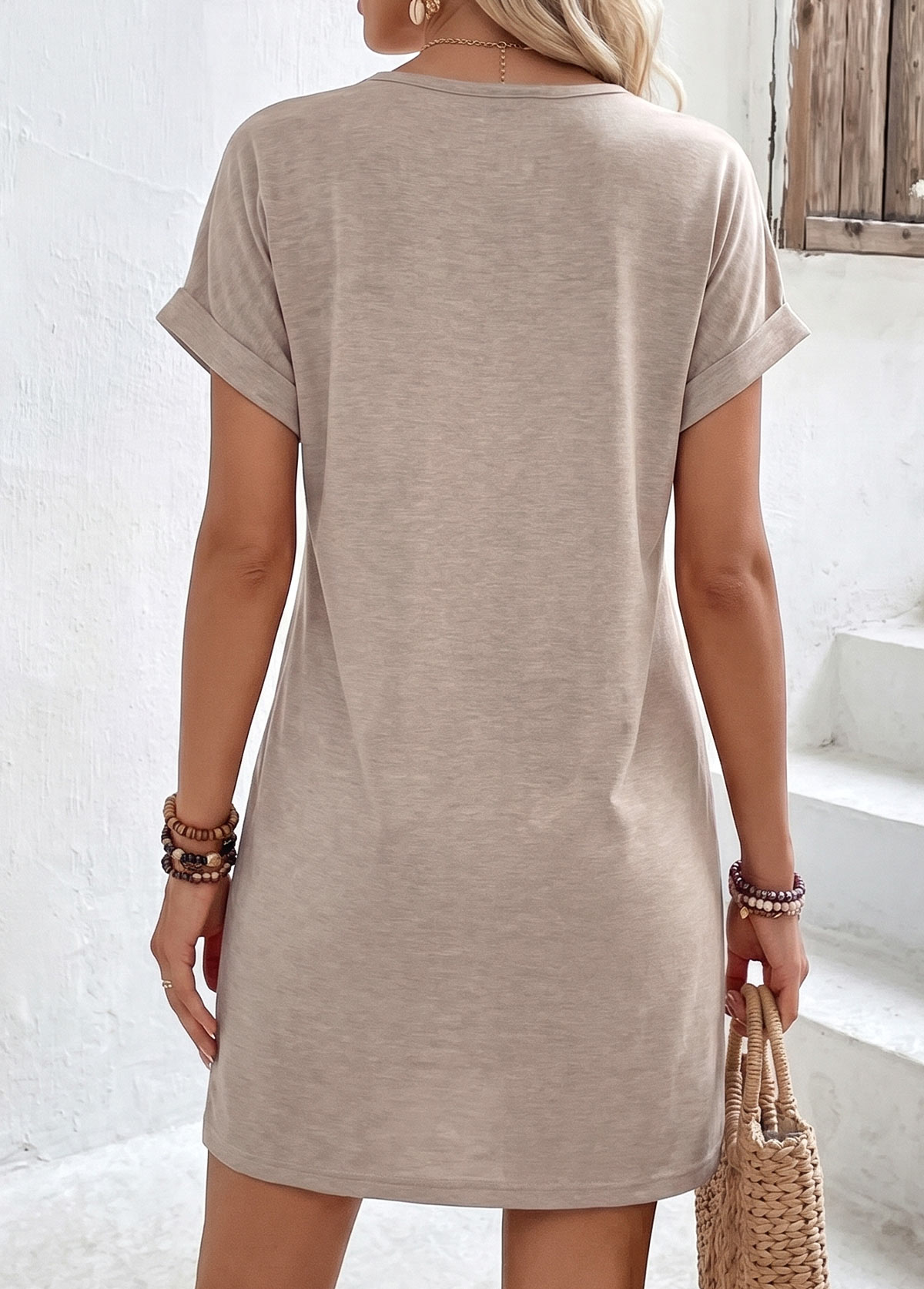 Gray Brown Short Tummy Coverage V Neck Dress | picture 