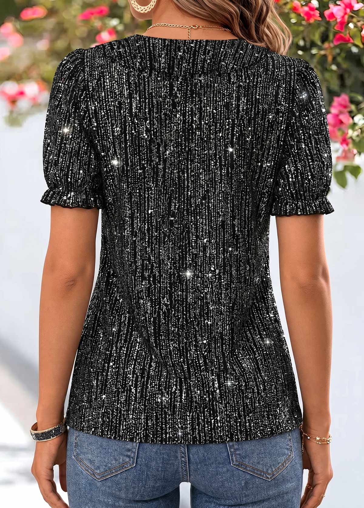 Black Curved Hem Short Sleeve V Neck Blouse | picture 