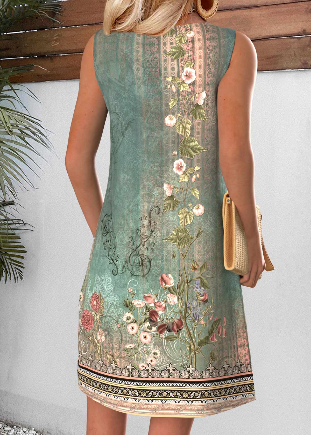 Sage Green Floral Print Short Tuck Stitch Dress | picture 