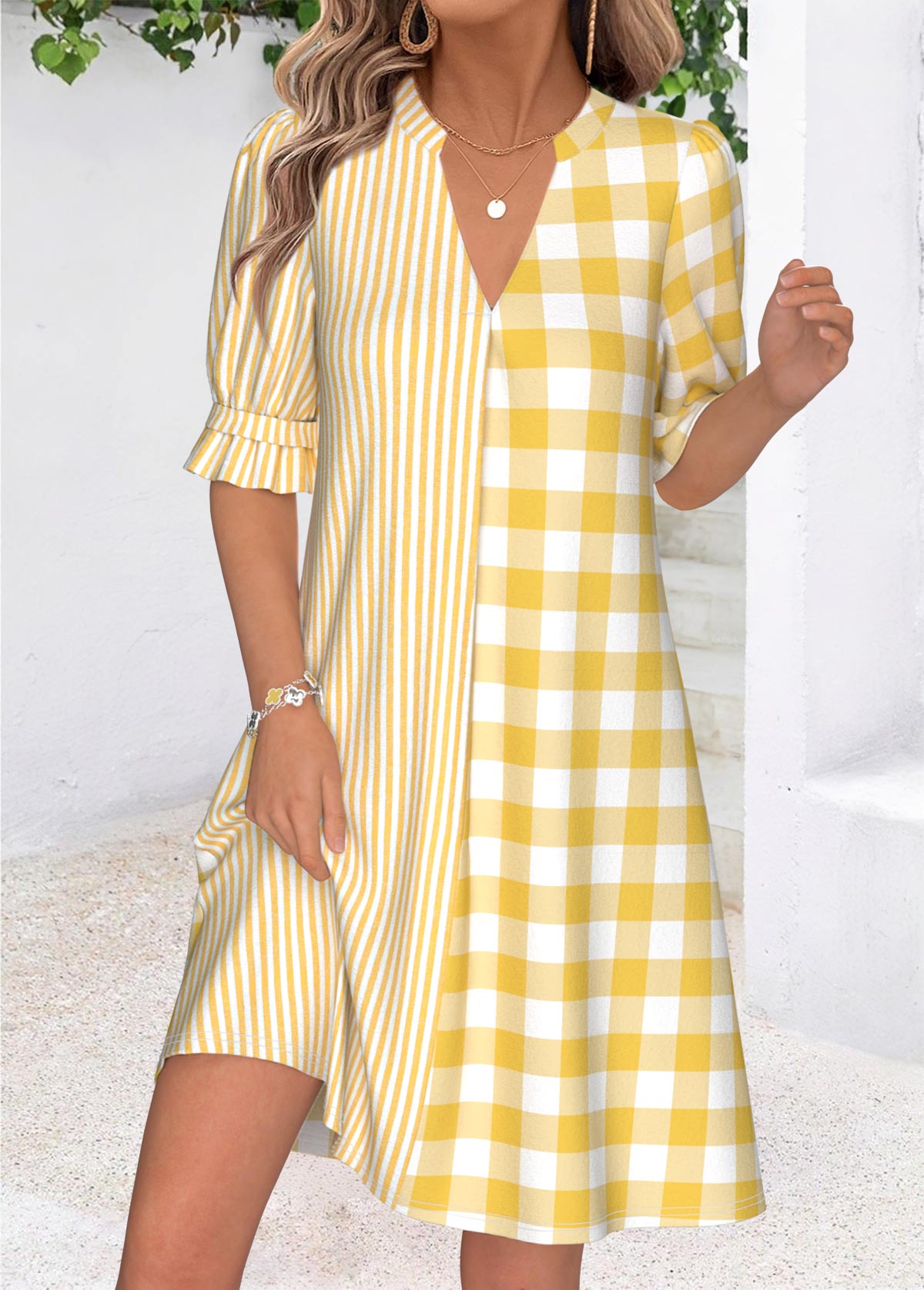 Yellow Geometric Print Short Patchwork Half Sleeve Dress | picture 